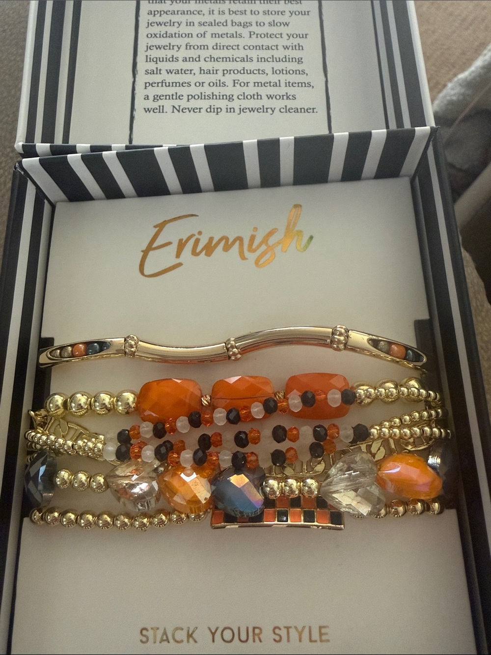 Erimish Orange and Gold Beaded Stack Bracelet Set